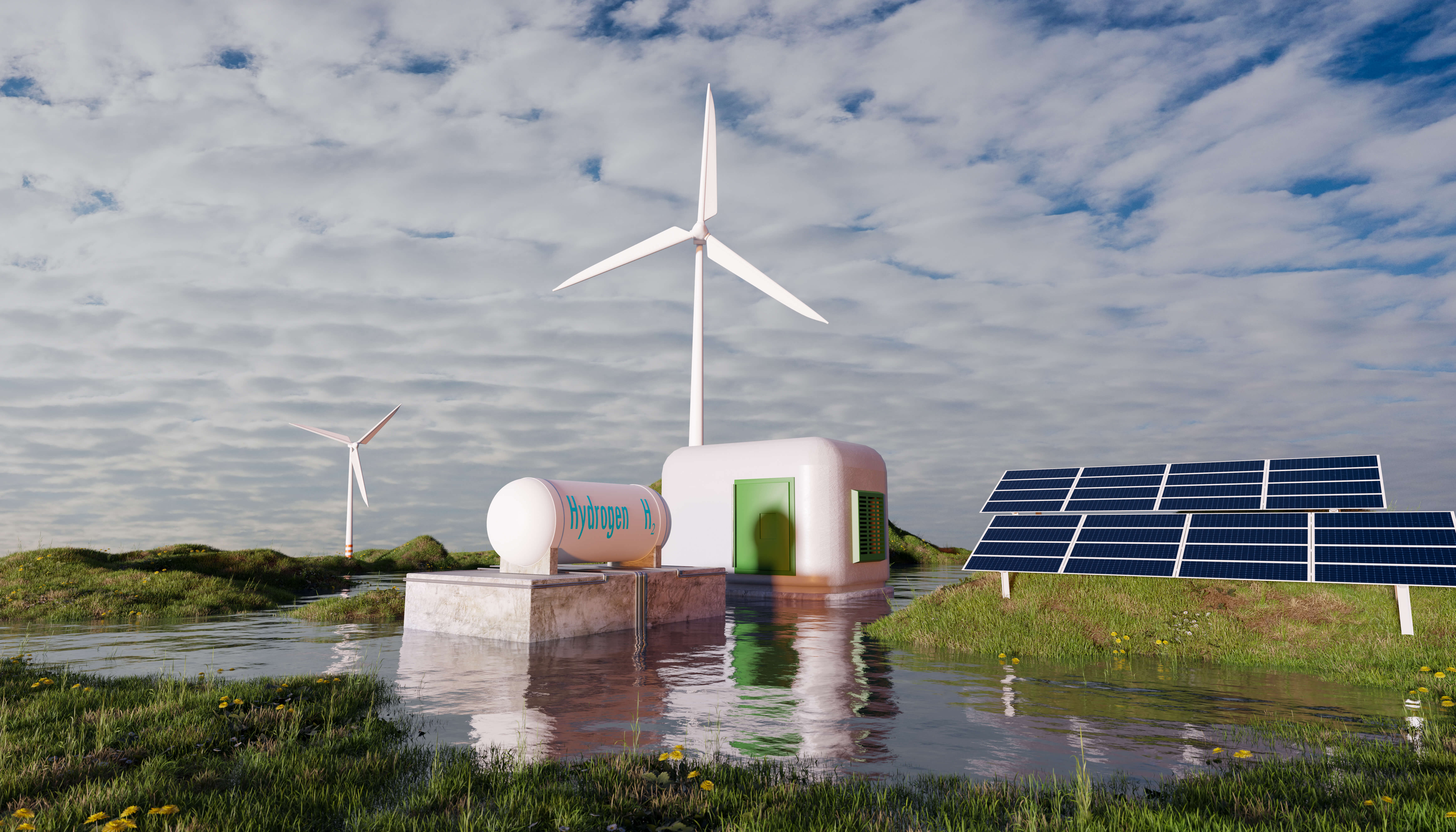 Hydrogen fuel storage and solar panel with wind turbines, green power concept, 3d illustration rendering
